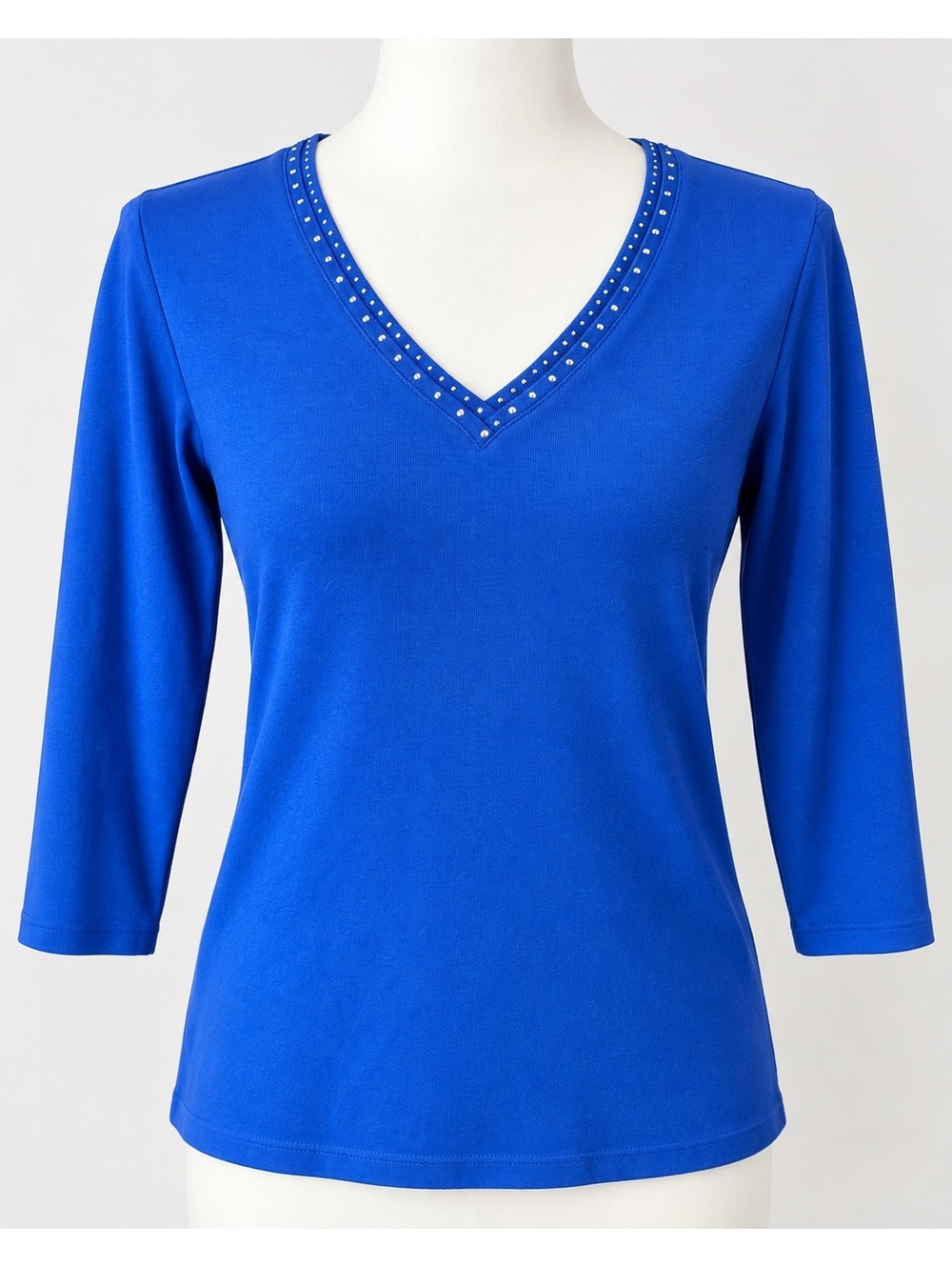 Rafaella Women’s M Royal Blue Rhinestone V-Neck 3/4 Sleeve Cotton Top